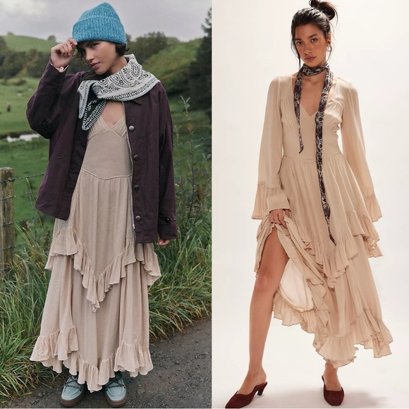 Free People Ethereal Billowy Ruffle Mamacita Maxi Dress Neutral Witchy XL NWT - Picture 3 of 17